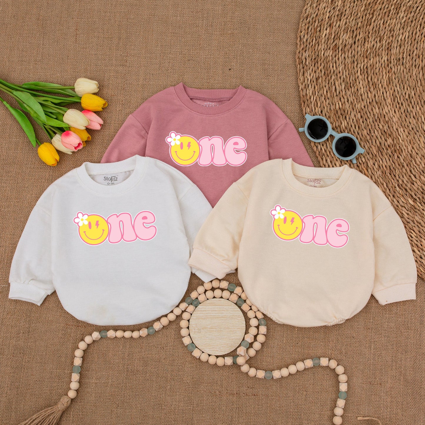One Happy Girl Romper Daisy Birthday Outfit Matching Family Baby Girl Bodysuit Yellow Smiley Face Pink One Cake Smash Celebration Gift