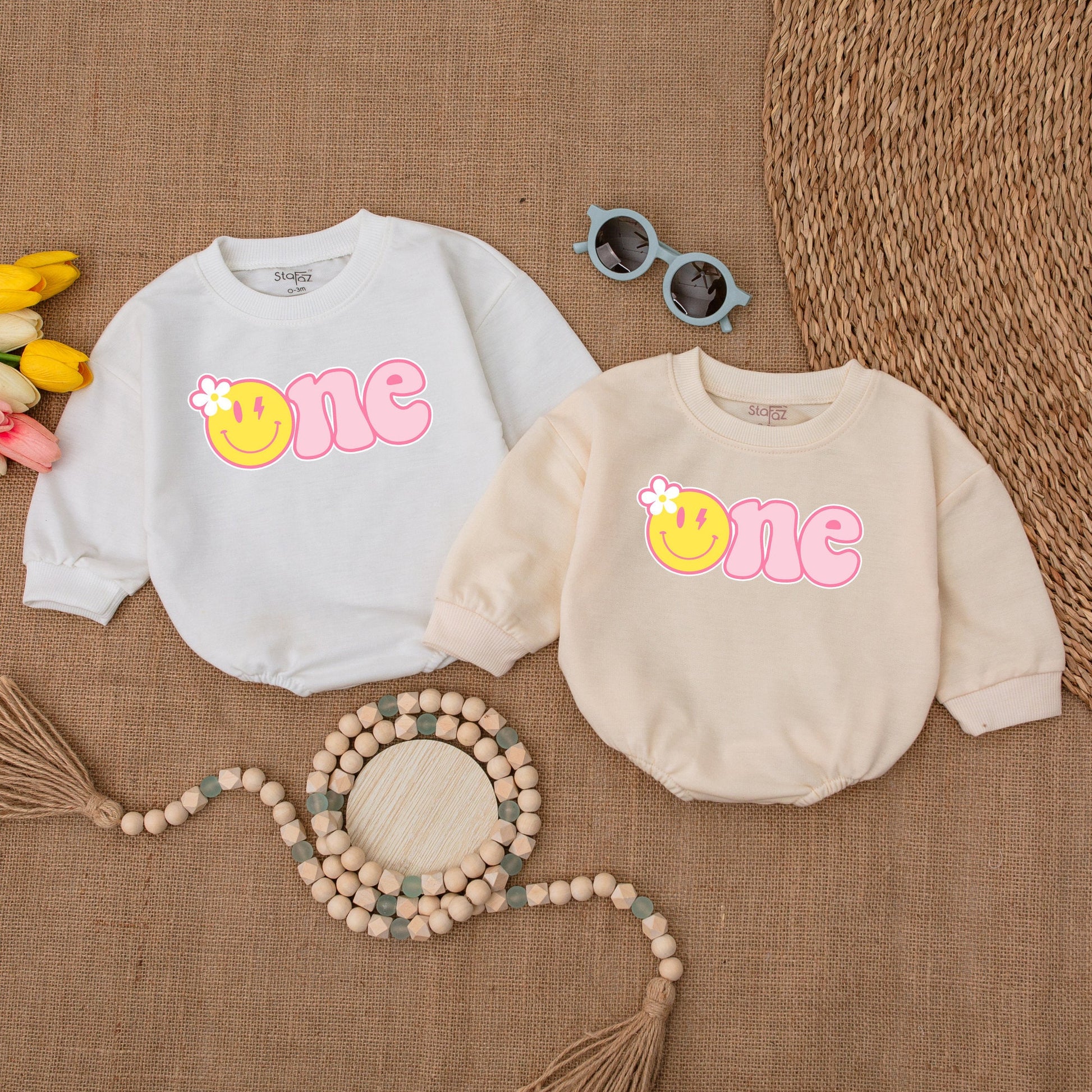 One Happy Girl Romper Daisy Birthday Outfit Matching Family Baby Girl Bodysuit Yellow Smiley Face Pink One Cake Smash Celebration Gift