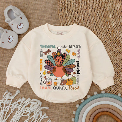 Thankful Grateful Blessed Cartoon Turkey Baby Romper Cute Thanksgiving Outfit Girl Infant Clothes Festive Fall Baby Shower Gift Bodysuit