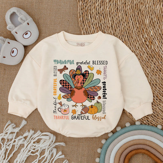 Thankful Grateful Blessed Cartoon Turkey Baby Romper Cute Thanksgiving Outfit Girl Infant Clothes Festive Fall Baby Shower Gift Bodysuit