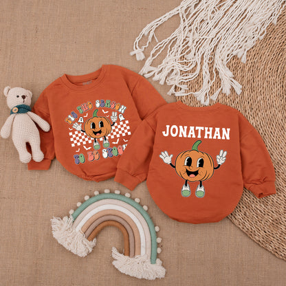 Spooky Season First Halloween Baby Outfit Groovy Font Pumpkin Bodysuit Custom Name Newborn Clothes Retro Bats Ghosts Checkered Romper Fall Infant Gift 139c