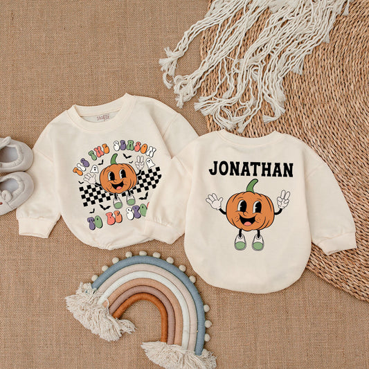 Spooky Season First Halloween Baby Outfit Groovy Font Pumpkin Bodysuit Custom Name Newborn Clothes Retro Bats Ghosts Checkered Romper Fall Infant Gift 139c