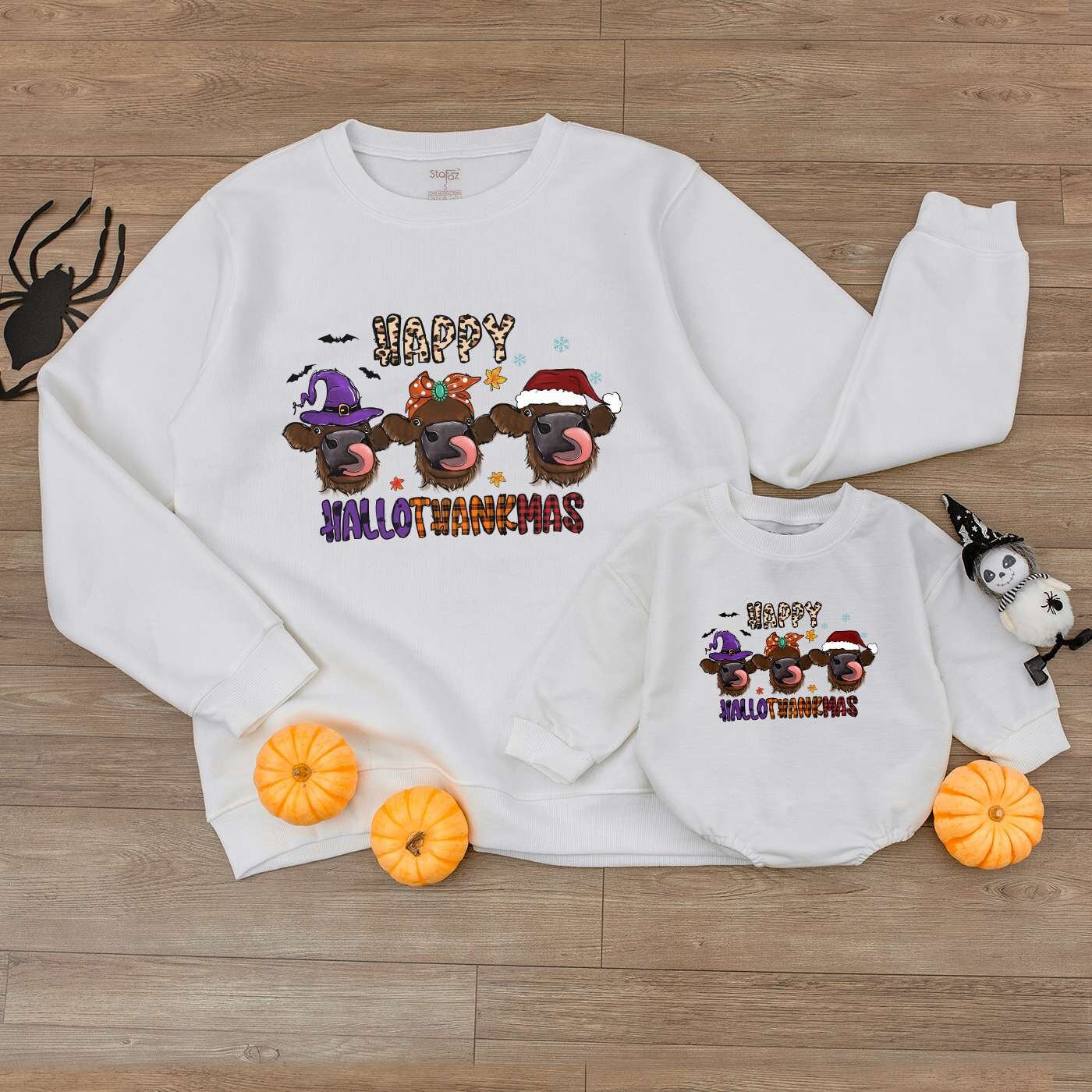 Happy Hallothanksmas Highland Cow Romper Baby Outfit Witch Santa Hat First Thanksgiving Clothes Thankful Bodysuit