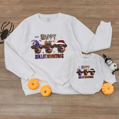 Happy Hallothanksmas Highland Cow Romper Baby Outfit Witch Santa Hat First Thanksgiving Clothes Thankful Bodysuit