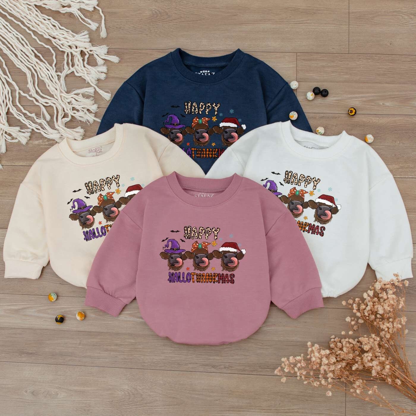 Happy Hallothanksmas Highland Cow Romper Baby Outfit Witch Santa Hat First Thanksgiving Clothes Thankful Bodysuit