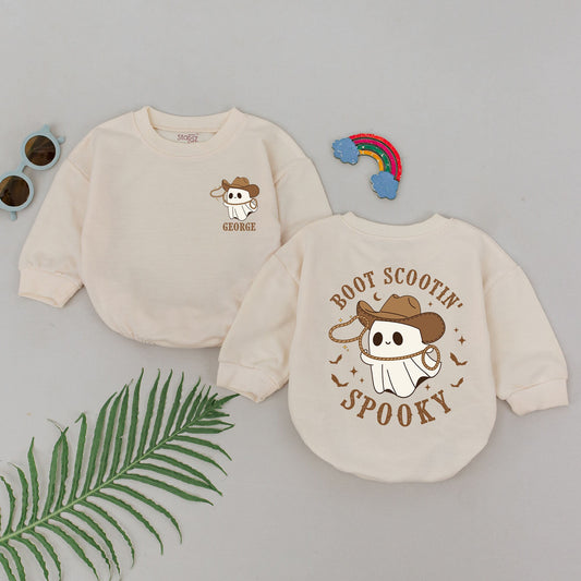 Boot Scootin' Spooky Ghost Romper for Girls Personalized Cute Cowboy Halloween Baby Shower Newborn Western Cowboy Cowgirl Outfits Light Cream Brown Ink
