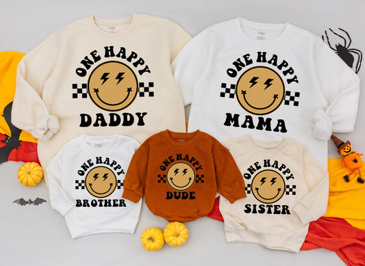 One Happy Dude Retro Lightning Bolt Smiley Birthday Outfit Matching Family Sweatshirt Baby Romper Gift for Dad