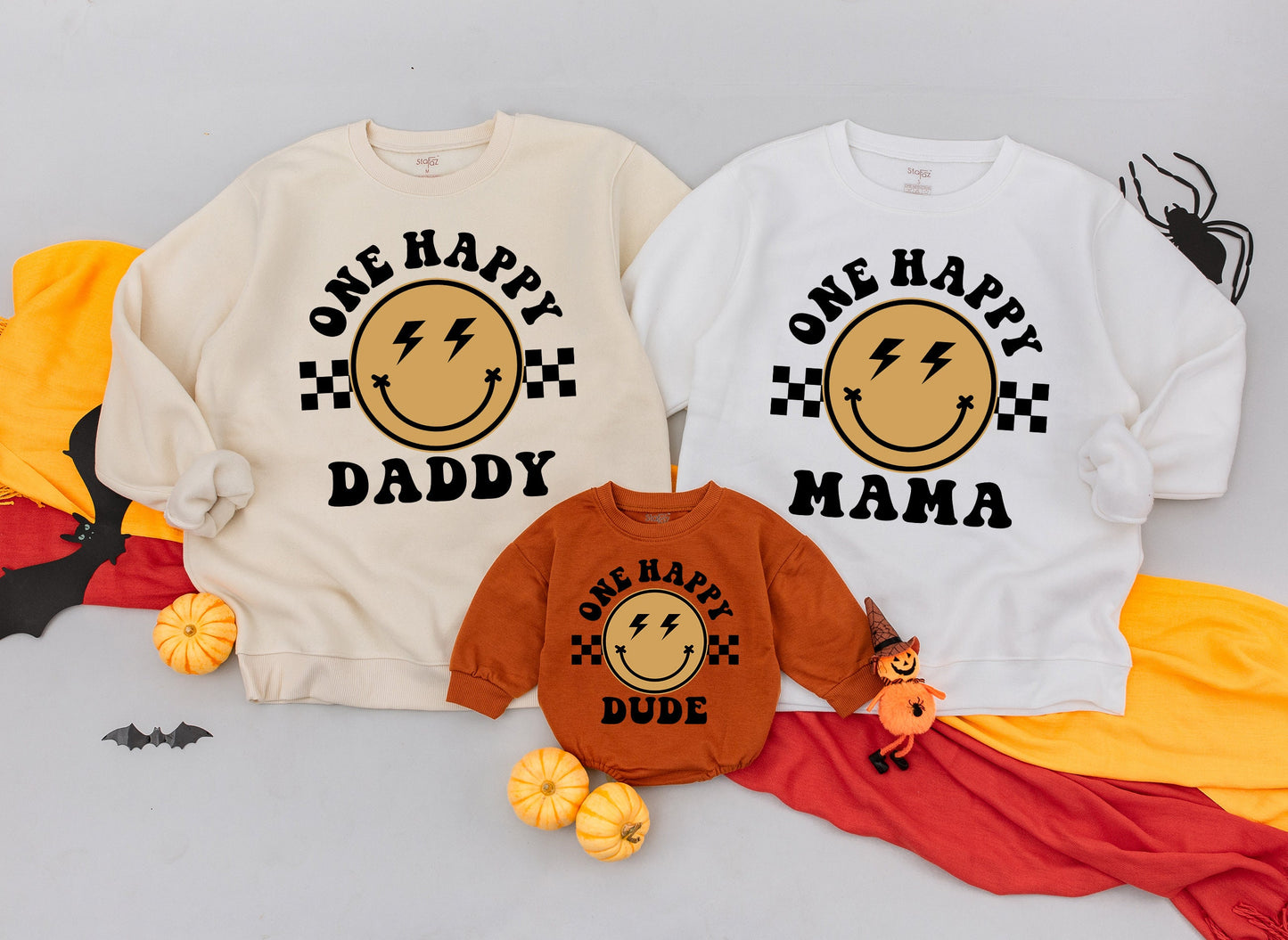 One Happy Dude Retro Lightning Bolt Smiley Birthday Outfit Matching Family Sweatshirt Baby Romper Gift for Dad