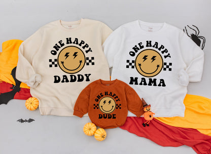 One Happy Dude Retro Lightning Bolt Smiley Birthday Outfit Matching Family Sweatshirt Baby Romper Gift for Dad
