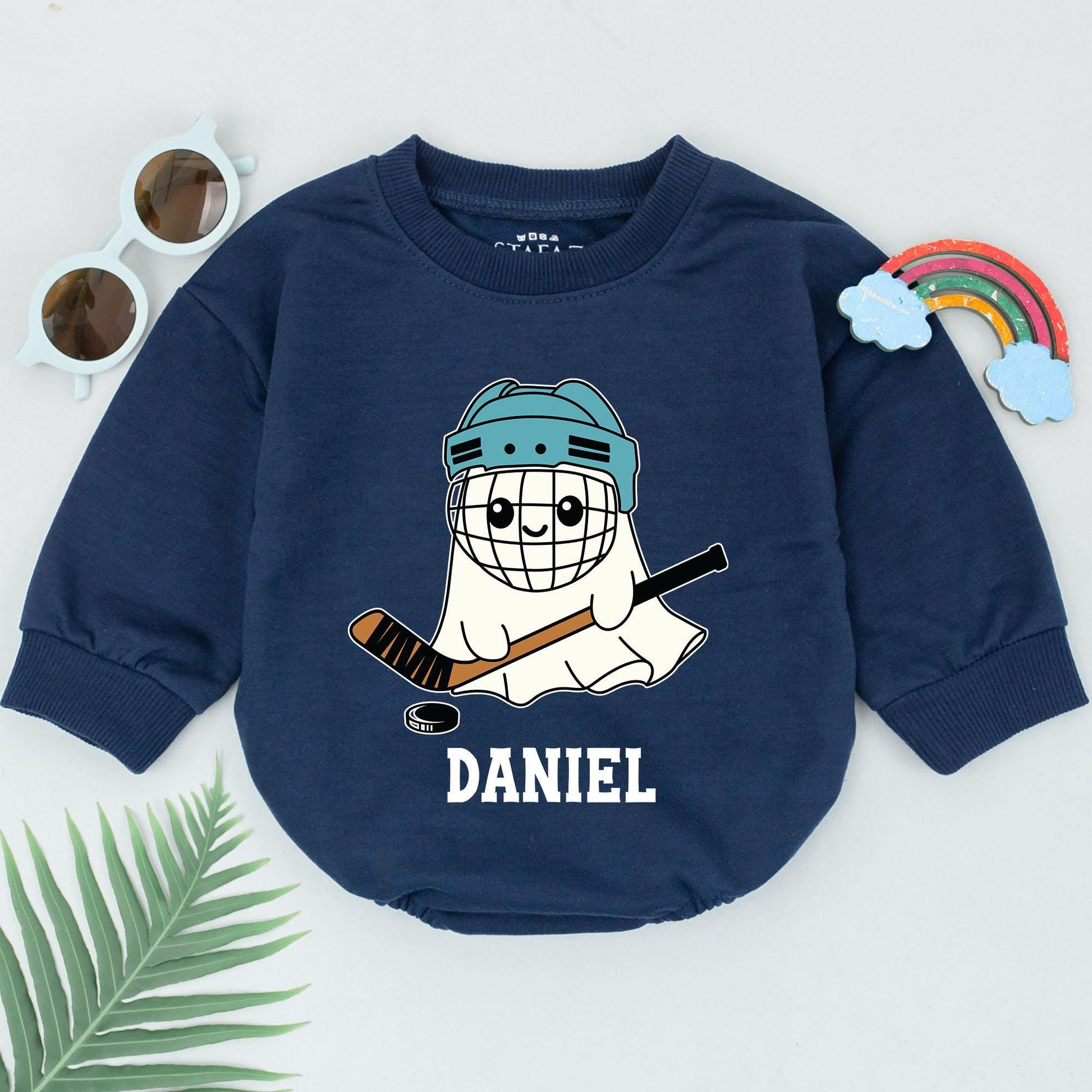 Personalized Boo Game Day Romper with Ghost Hockey Design & Daniel Name Baby Bodysuit for First Halloween or Sports Fan Newborn Boy Outfits