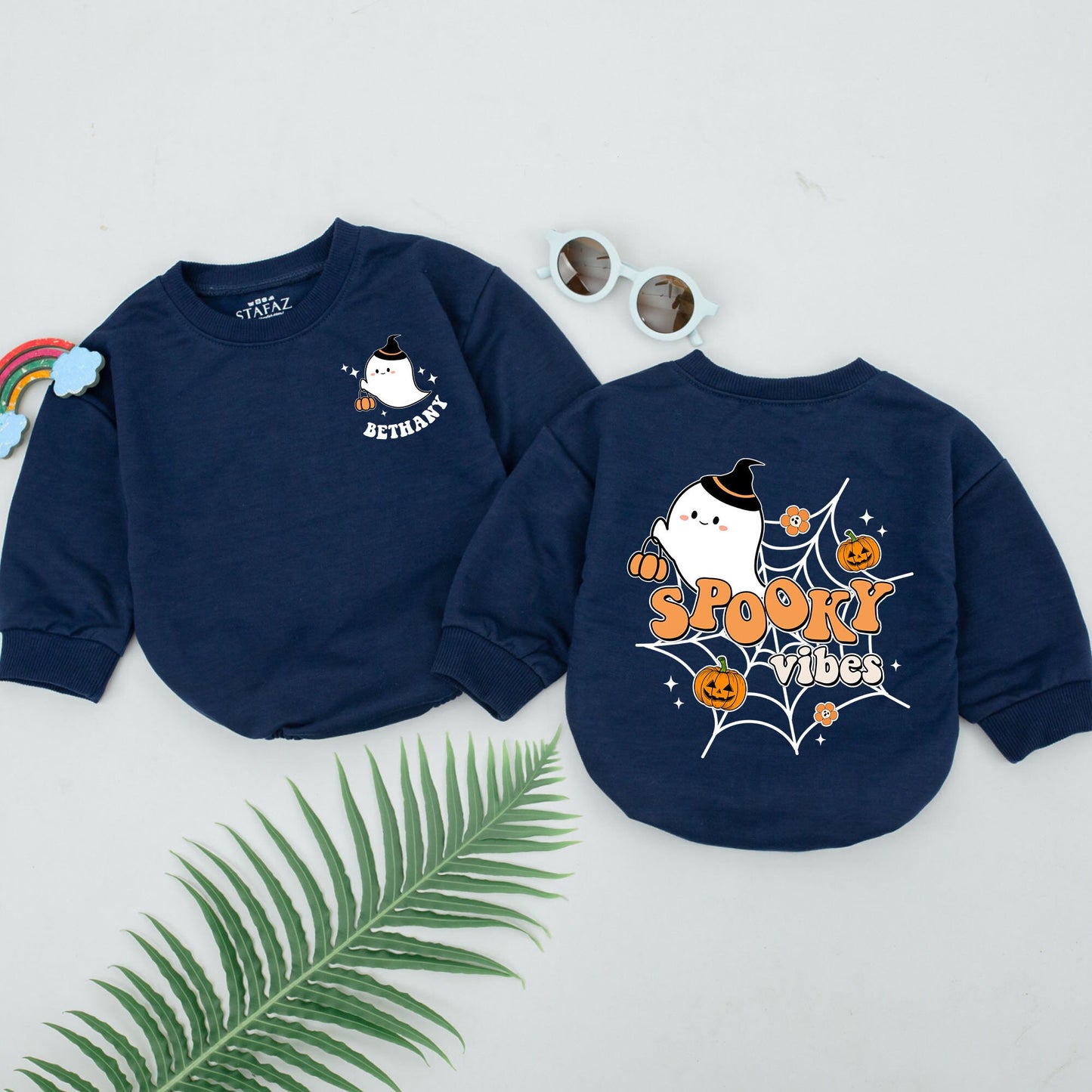 Personalized Spooky Vibes Baby Romper First Halloween Cute Ghost Witch Hat Jack-o-lanterns Orange Black Retro Fall Outfit Newborn Girl Boy Gift