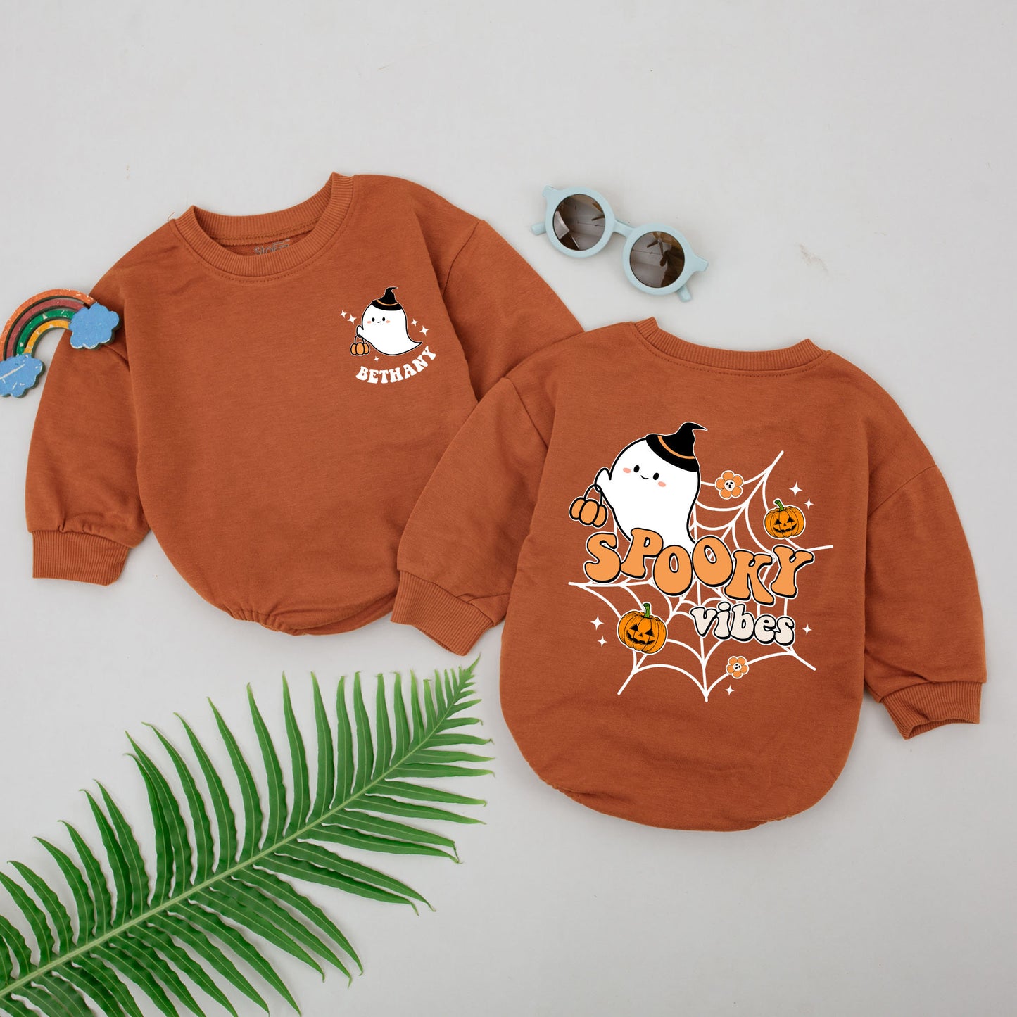 Personalized Spooky Vibes Baby Romper First Halloween Cute Ghost Witch Hat Jack-o-lanterns Orange Black Retro Fall Outfit Newborn Girl Boy Gift