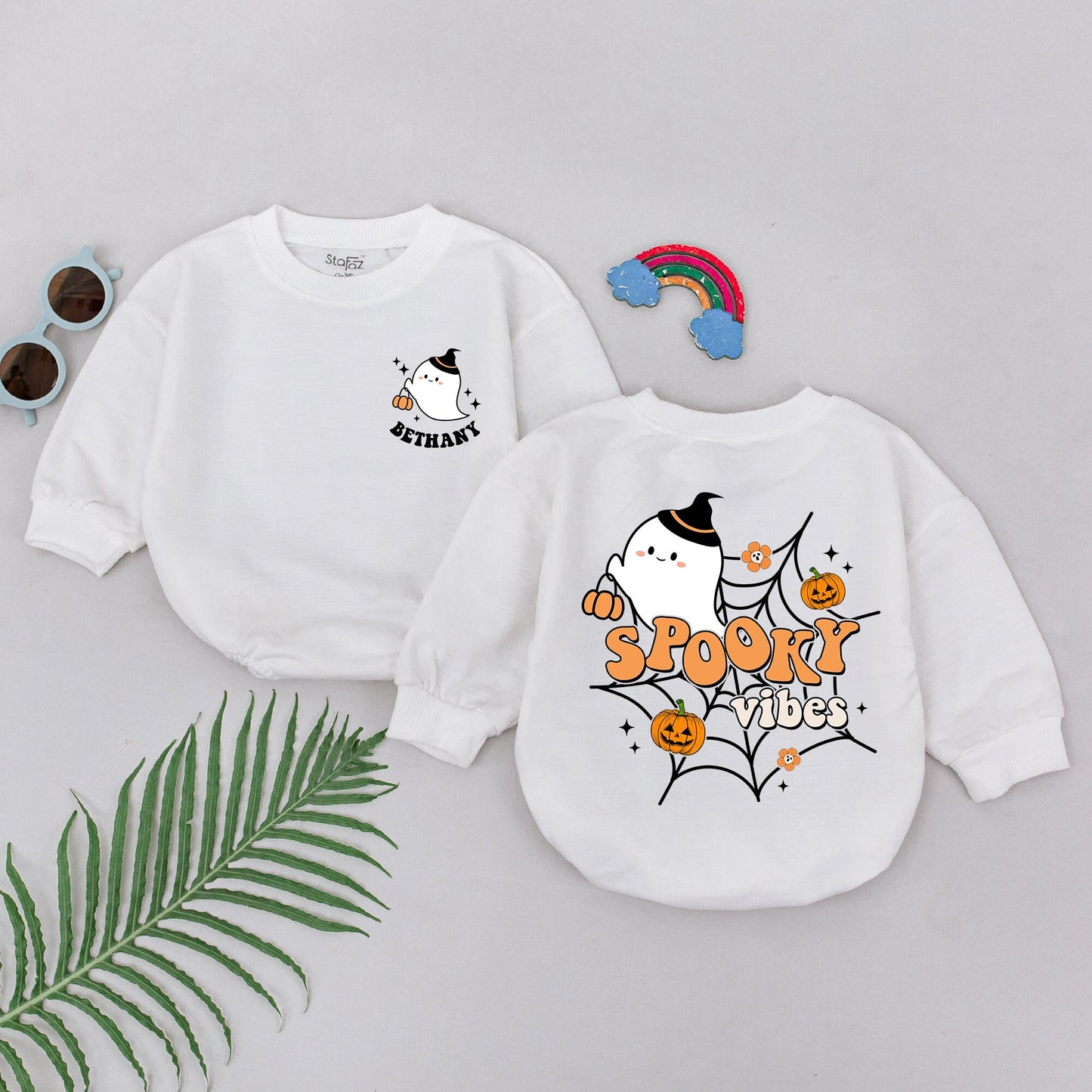 Personalized Spooky Vibes Baby Romper First Halloween Cute Ghost Witch Hat Jack-o-lanterns Orange Black Retro Fall Outfit Newborn Girl Boy Gift