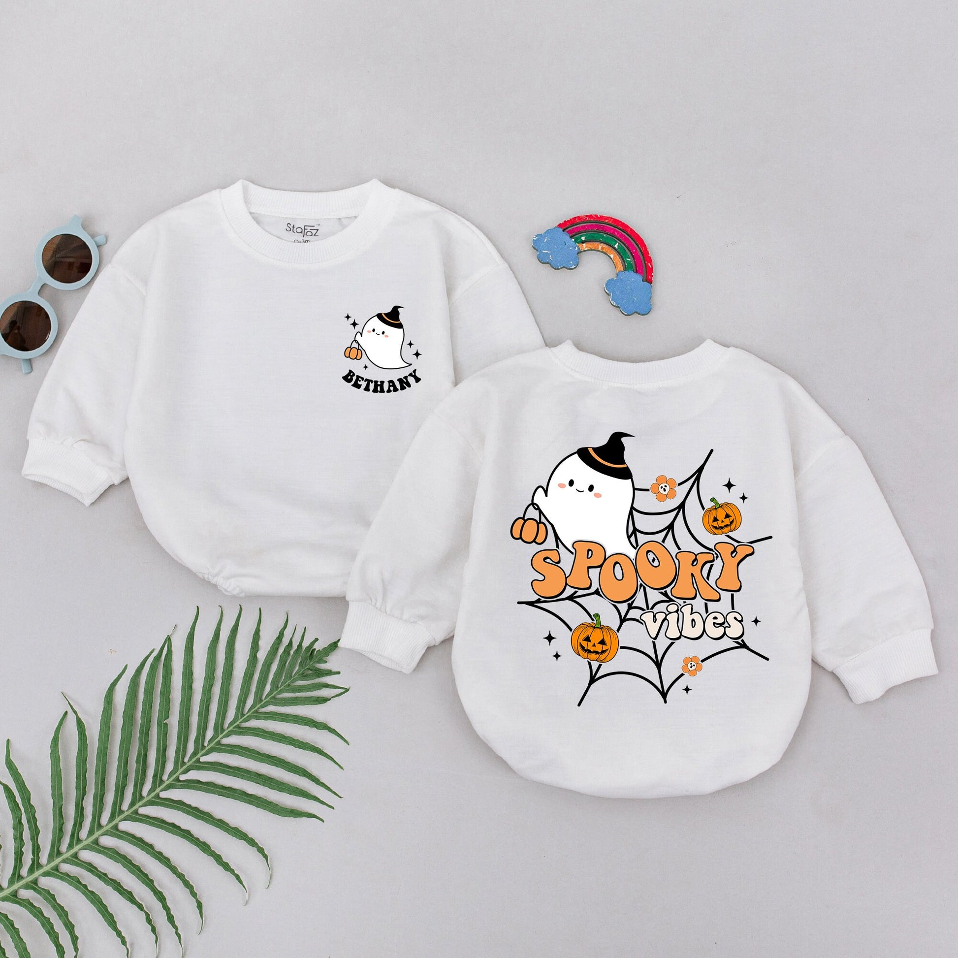 Personalized Spooky Vibes Baby Romper First Halloween Cute Ghost Witch Hat Jack-o-lanterns Orange Black Retro Fall Outfit Newborn Girl Boy Gift