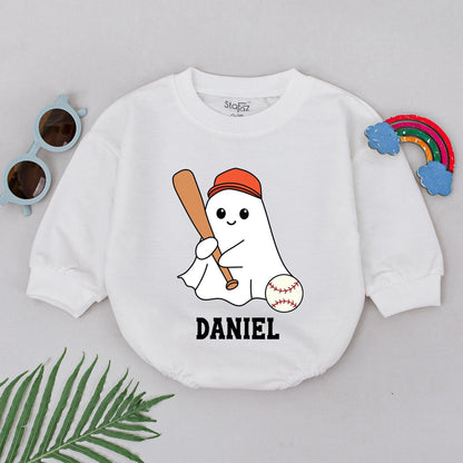 Personalized Baby Boy Ghost Baseball Romper Halloween Game Day Outfit Custom Name Cartoon Bat First Halloween Bodysuit Newborn Gift