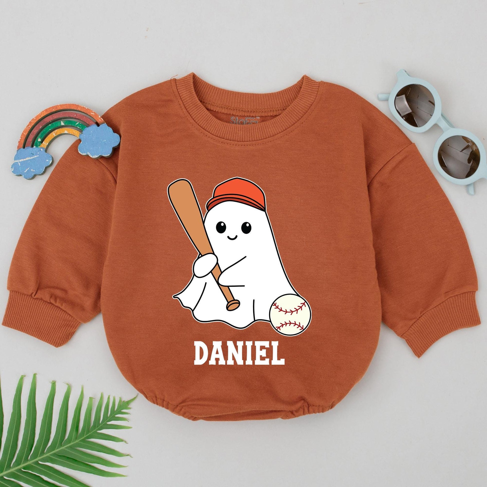 Personalized Baby Boy Ghost Baseball Romper Halloween Game Day Outfit Custom Name Cartoon Bat First Halloween Bodysuit Newborn Gift