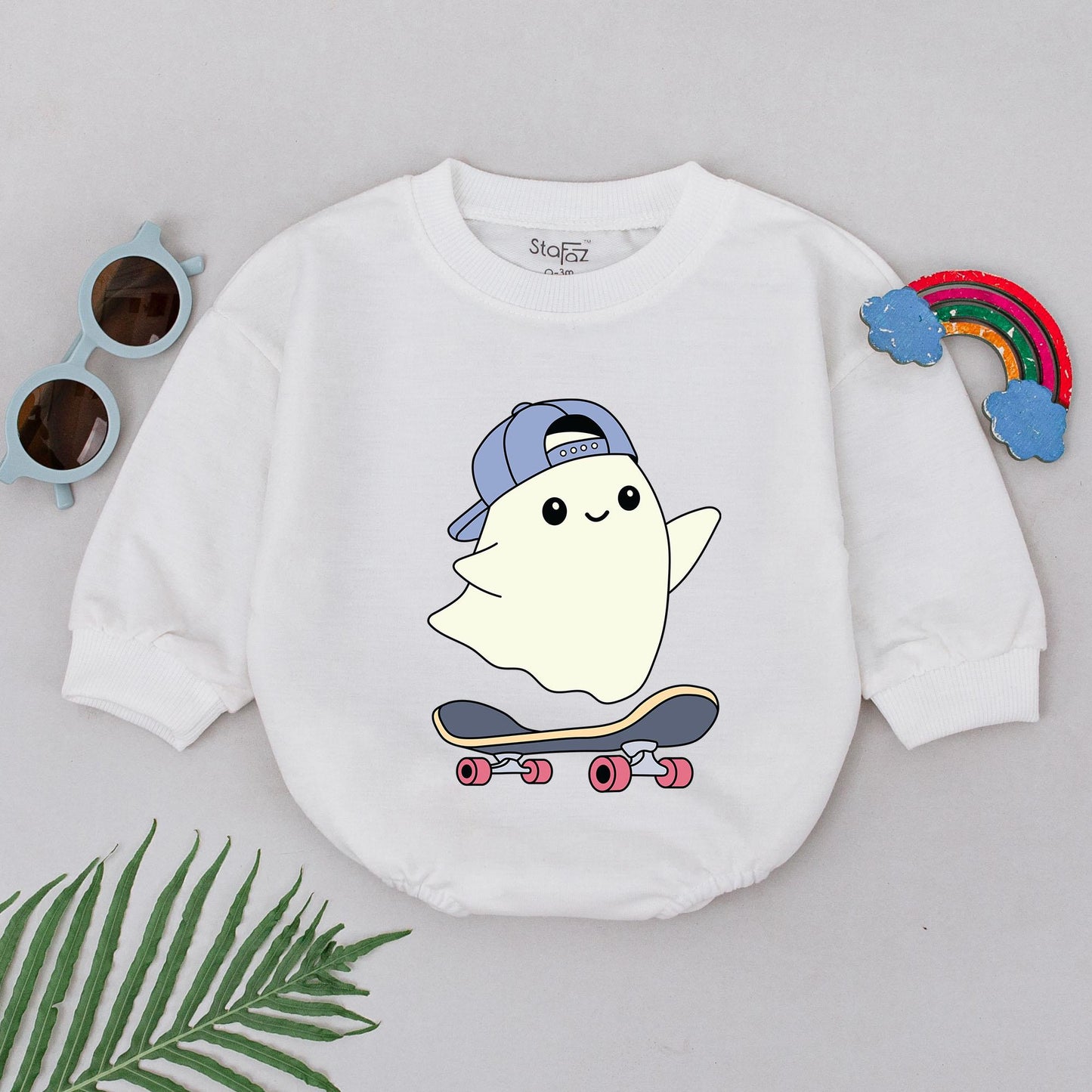 Ghostly Skateboard Baby Romper: First Halloween Outfit for Boys