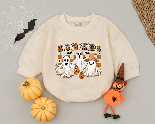 Let's Go Ghouls Baby Romper Funny Halloween Ghost Outfit, Vintage Checkered Fall Toddler Clothes, Spooky Cute Infant Bodysuit, First Halloween Gift (139 chars)
