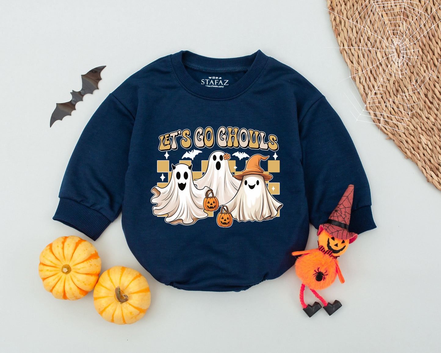 Let's Go Ghouls Baby Romper Funny Halloween Ghost Outfit, Vintage Checkered Fall Toddler Clothes, Spooky Cute Infant Bodysuit, First Halloween Gift (139 chars)