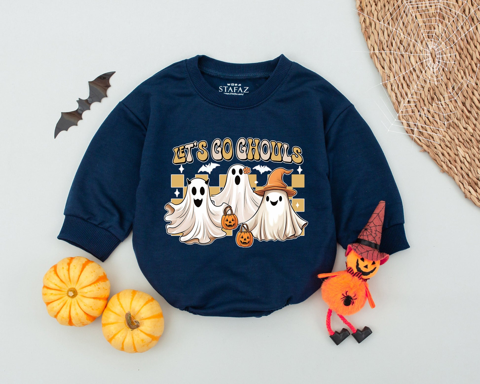Let's Go Ghouls Baby Romper Funny Halloween Ghost Outfit, Vintage Checkered Fall Toddler Clothes, Spooky Cute Infant Bodysuit, First Halloween Gift (139 chars)