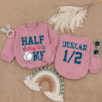 Halfway to One Baseball Romper Baby Boy's 6-Month Birthday Outfit Deklan 1/2 Number Design Infant Clothes Baseball Birthday Gift