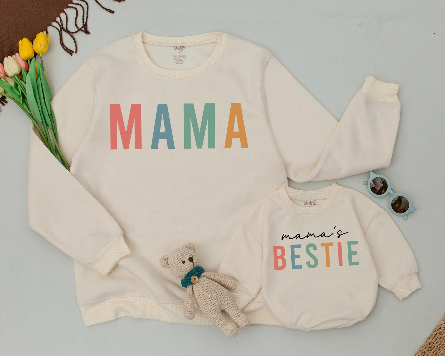 Matching Mama Bestie Sweatshirts Playful Colorful Design Mommy and Me Outfit New Mom Gift Set Mom Daughter Soft Clothes
