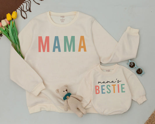Matching Mama Bestie Sweatshirts Playful Colorful Design Mommy and Me Outfit New Mom Gift Set Mom Daughter Soft Clothes
