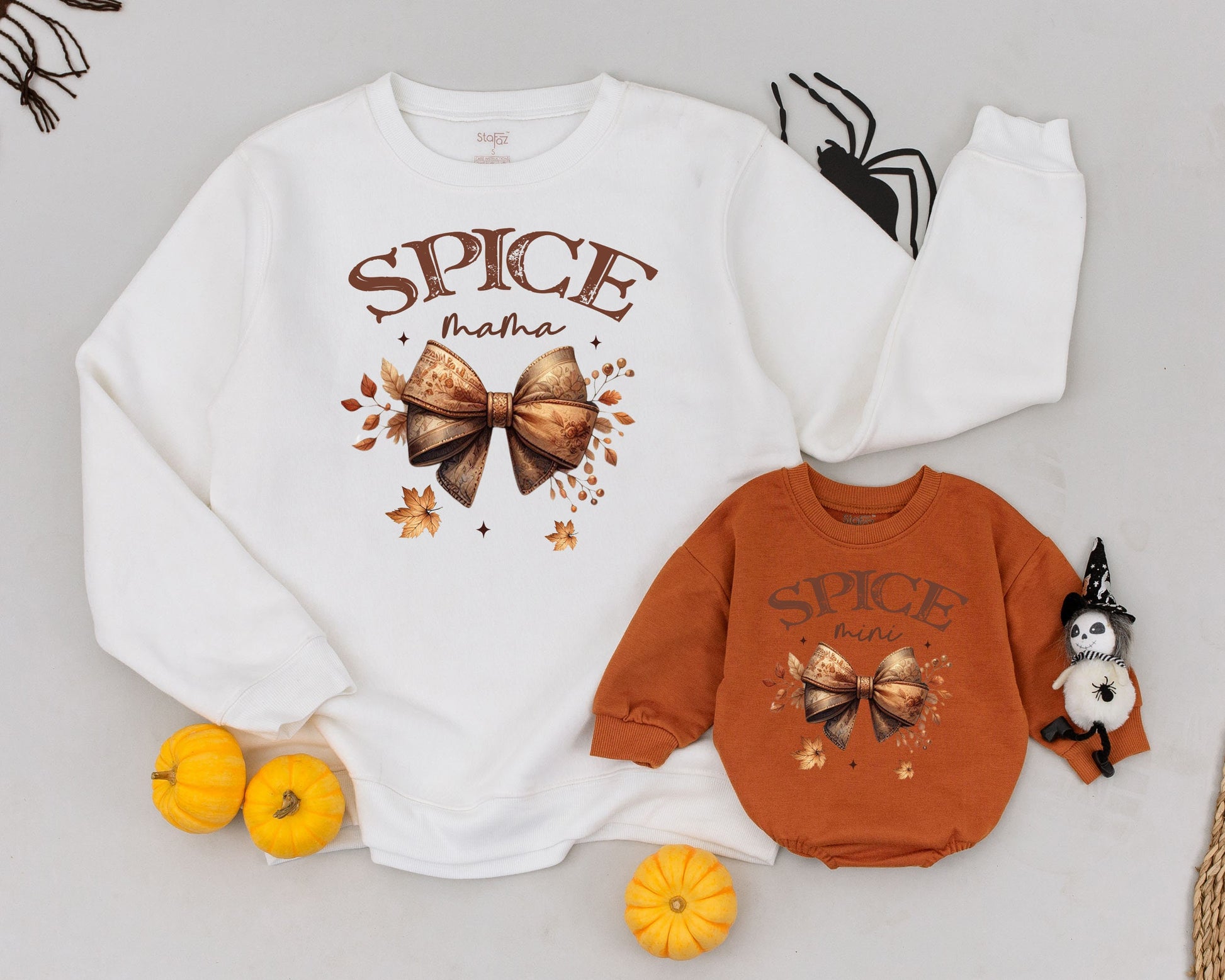 Matching Retro Fall Outfits: Spice Mama & Mini Pumpkin Sweaters