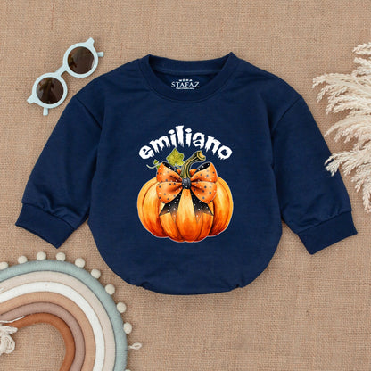 Emiliano Pumpkin Halloween Romper Baby Girl Outfit My First Halloween Star Ribbon Whimsical Bodysuit Costume, Orange Baby Clothes 1st Outfit