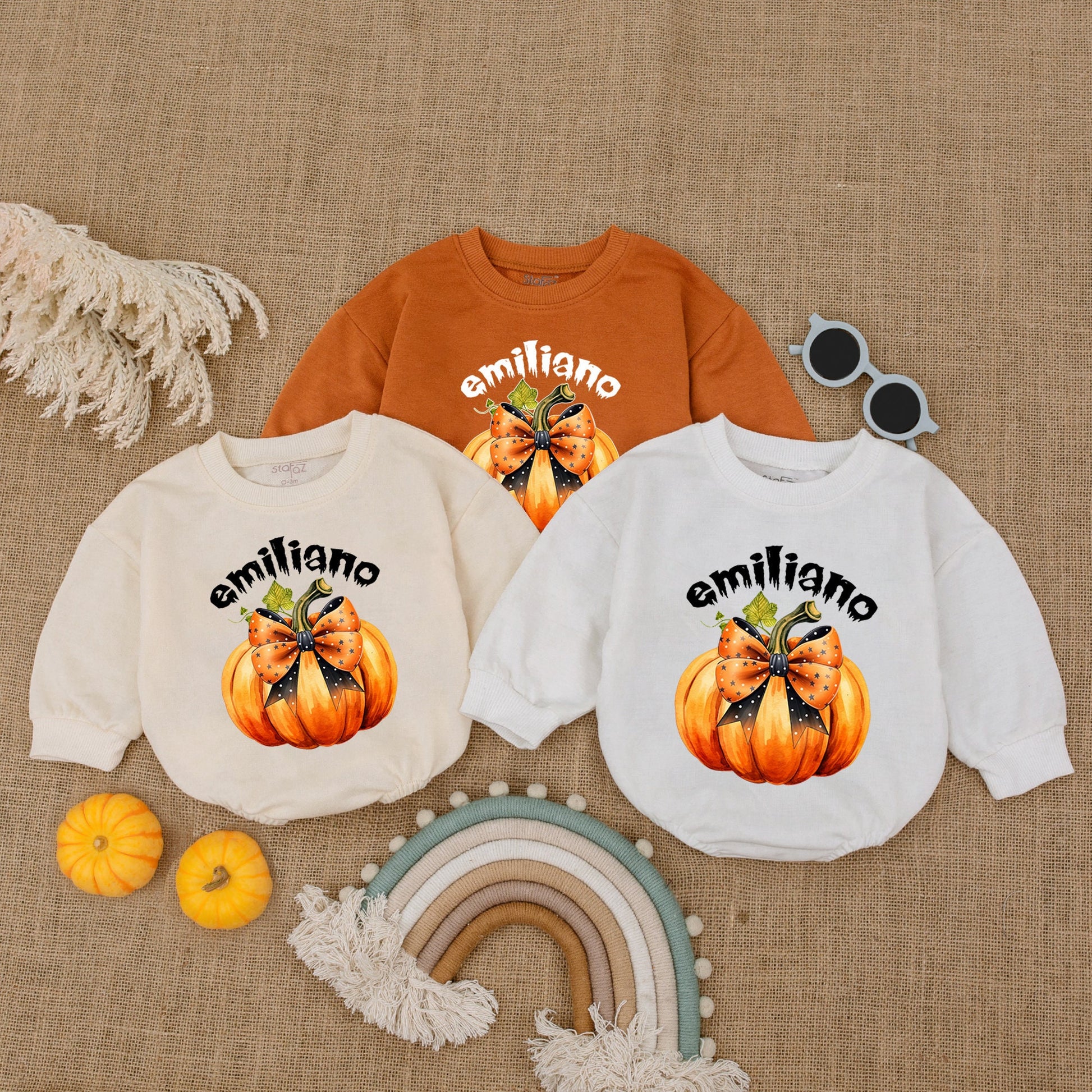 Emiliano Pumpkin Halloween Romper Baby Girl Outfit My First Halloween Star Ribbon Whimsical Bodysuit Costume, Orange Baby Clothes 1st Outfit