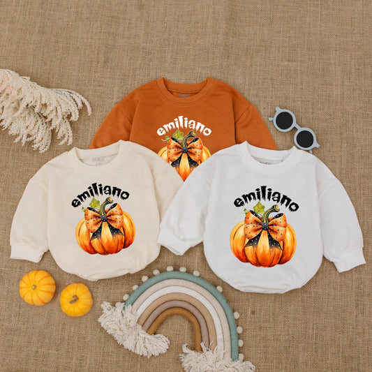Emiliano Pumpkin Halloween Romper Baby Girl Outfit My First Halloween Star Ribbon Whimsical Bodysuit Costume, Orange Baby Clothes 1st Outfit