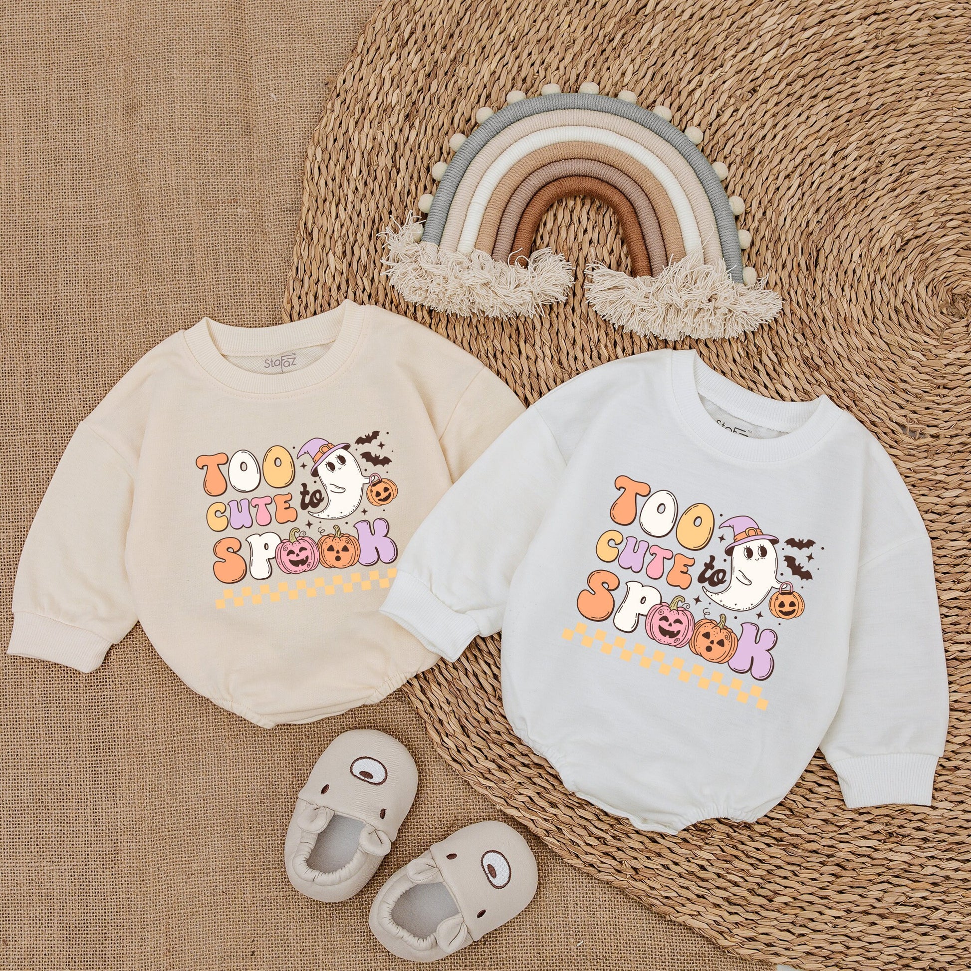 Too Cute To Spook Baby Girl Halloween Romper Retro Ghost Jack-o-Lantern Bodysuit pastel orange yellow white design comfy Fall First Halloween outfit infant gift