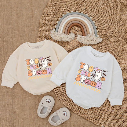 Too Cute To Spook Baby Girl Halloween Romper Retro Ghost Jack-o-Lantern Bodysuit pastel orange yellow white design comfy Fall First Halloween outfit infant gift