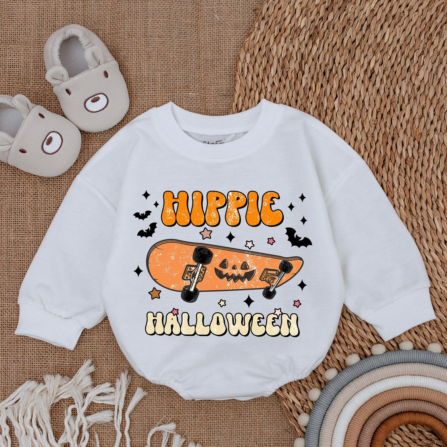 Hippie Halloween Baby Boy Bodysuit with Skateboard Jack-O'-Lantern Vintage Retro Fall Outfit First Halloween Infant Romper Clothes