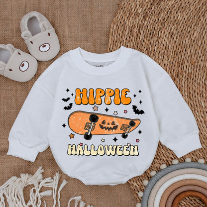 Hippie Halloween Baby Boy Bodysuit with Skateboard Jack-O'-Lantern Vintage Retro Fall Outfit First Halloween Infant Romper Clothes
