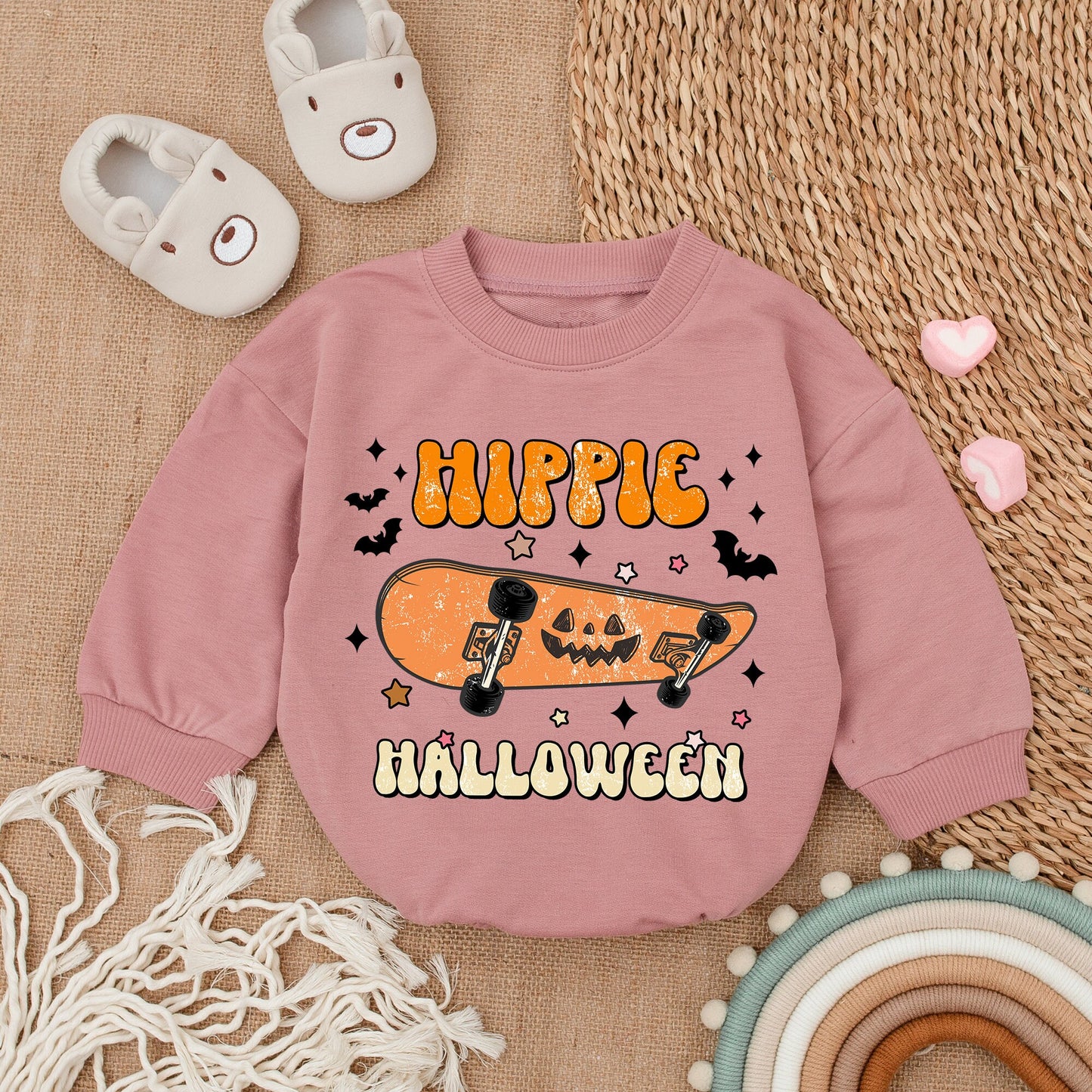 Hippie Halloween Baby Boy Bodysuit with Skateboard Jack-O'-Lantern Vintage Retro Fall Outfit First Halloween Infant Romper Clothes