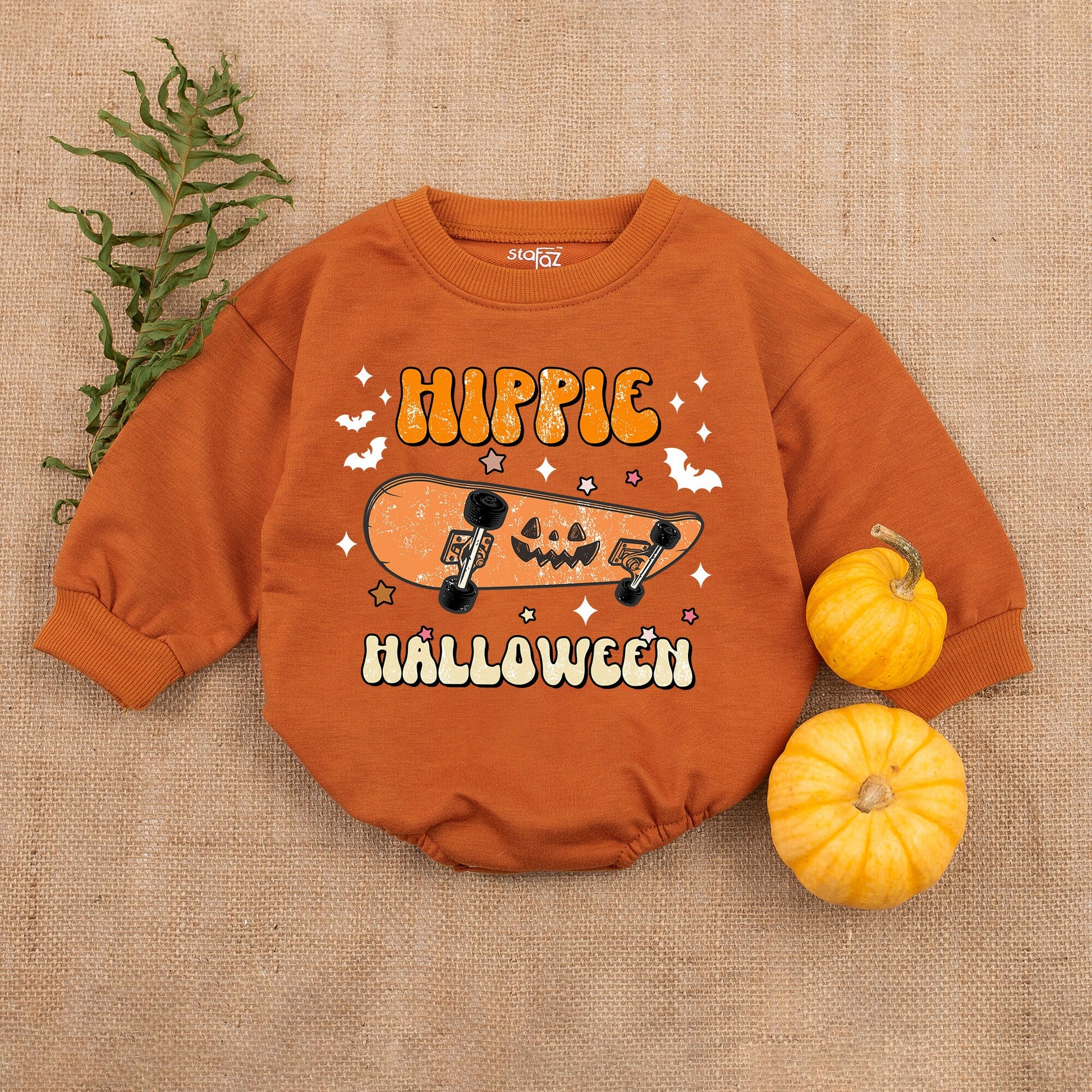 Hippie Halloween Baby Boy Bodysuit with Skateboard Jack-O'-Lantern Vintage Retro Fall Outfit First Halloween Infant Romper Clothes
