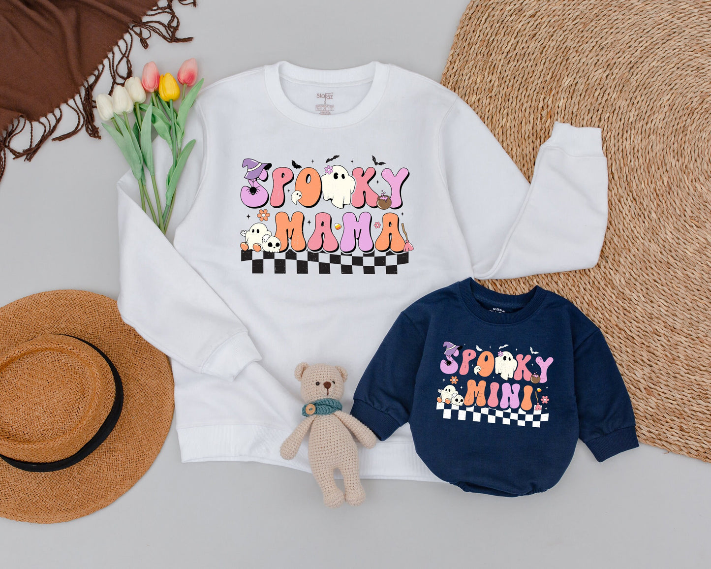 Cute Ghost Halloween Family Sweaters: Matching Mom and Baby Outfit  