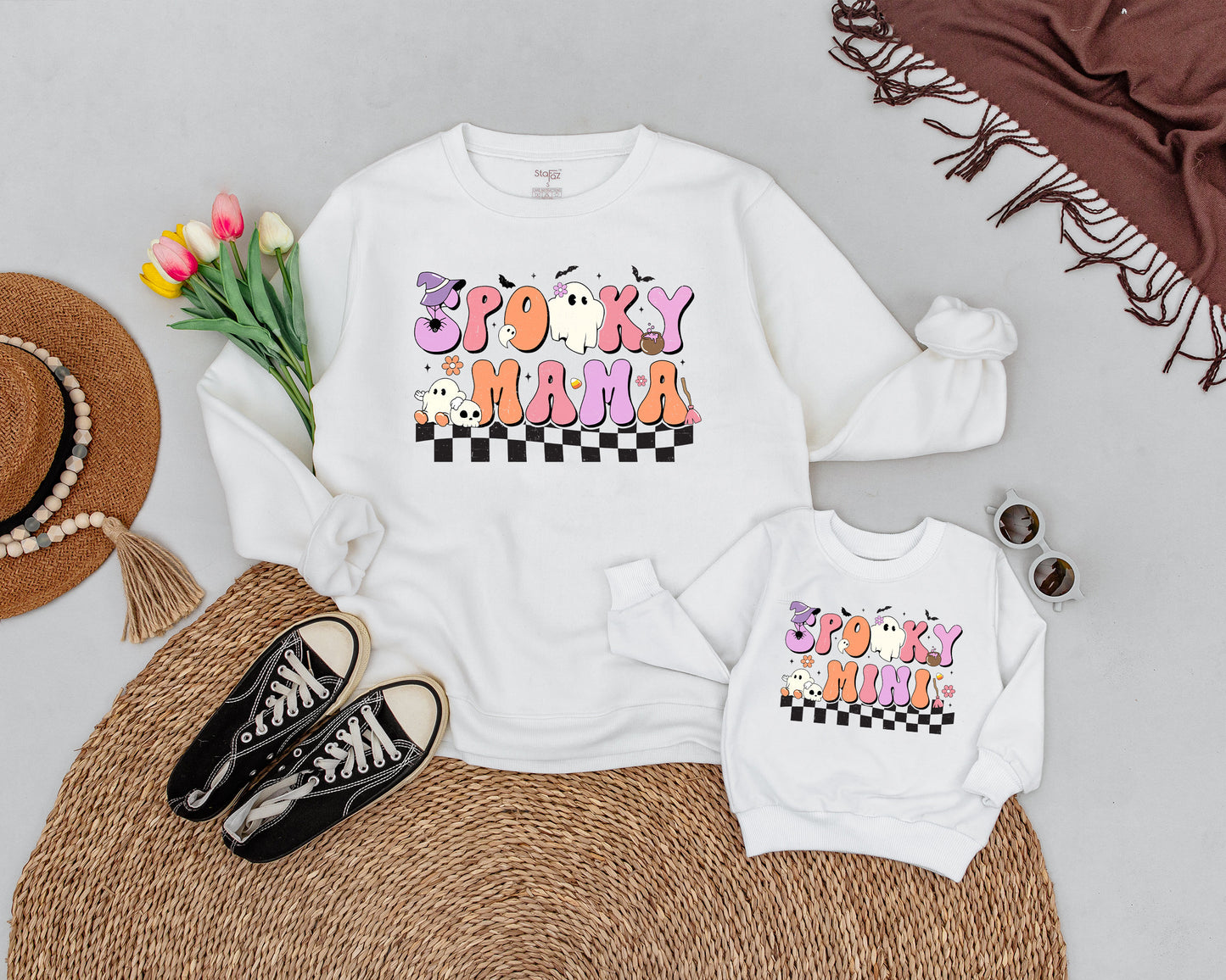 Cute Ghost Halloween Family Sweaters: Matching Mom and Baby Outfit  