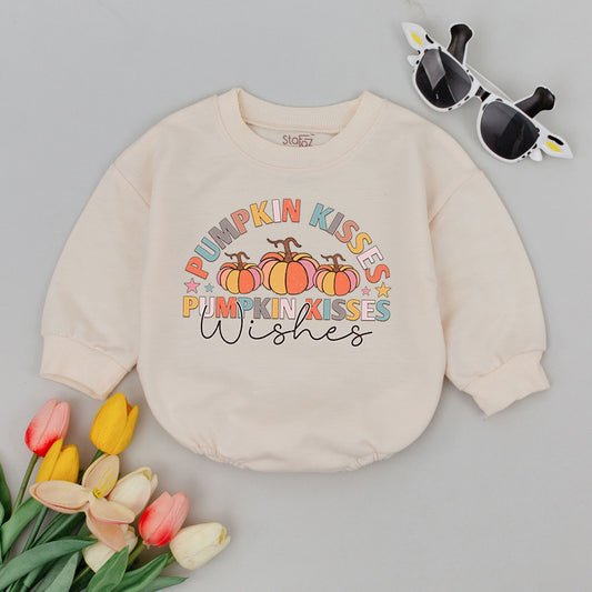 Pumpkin Kisses Wishes Baby Romper, Thanksgiving Outfit for Baby Girl, Fall Festive Bodysuit Gift, First Thanksgiving Outfit, Cute Pastel Design