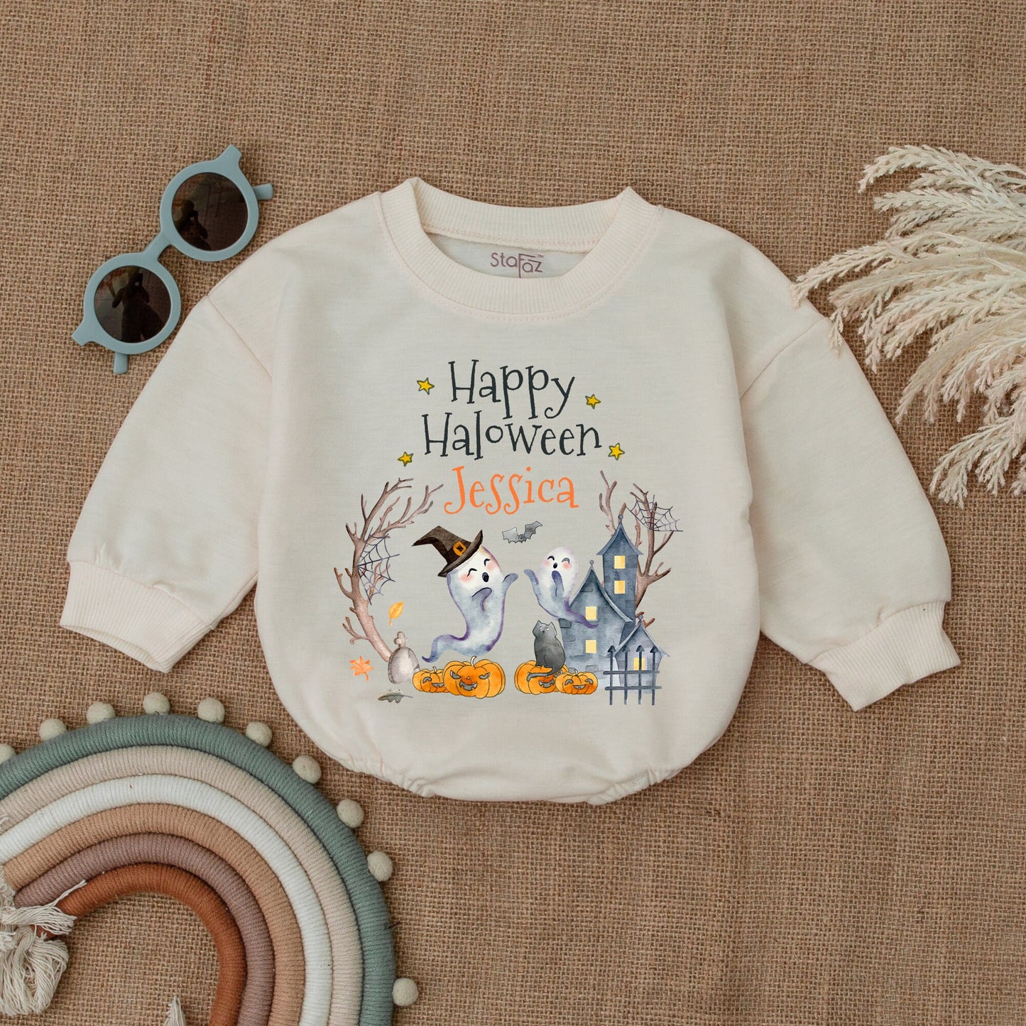 Personalized Happy Halloween Baby Clothes Cute Ghost & Pumpkin Watercolor First Halloween Outfit Bubble Romper Shower Gift