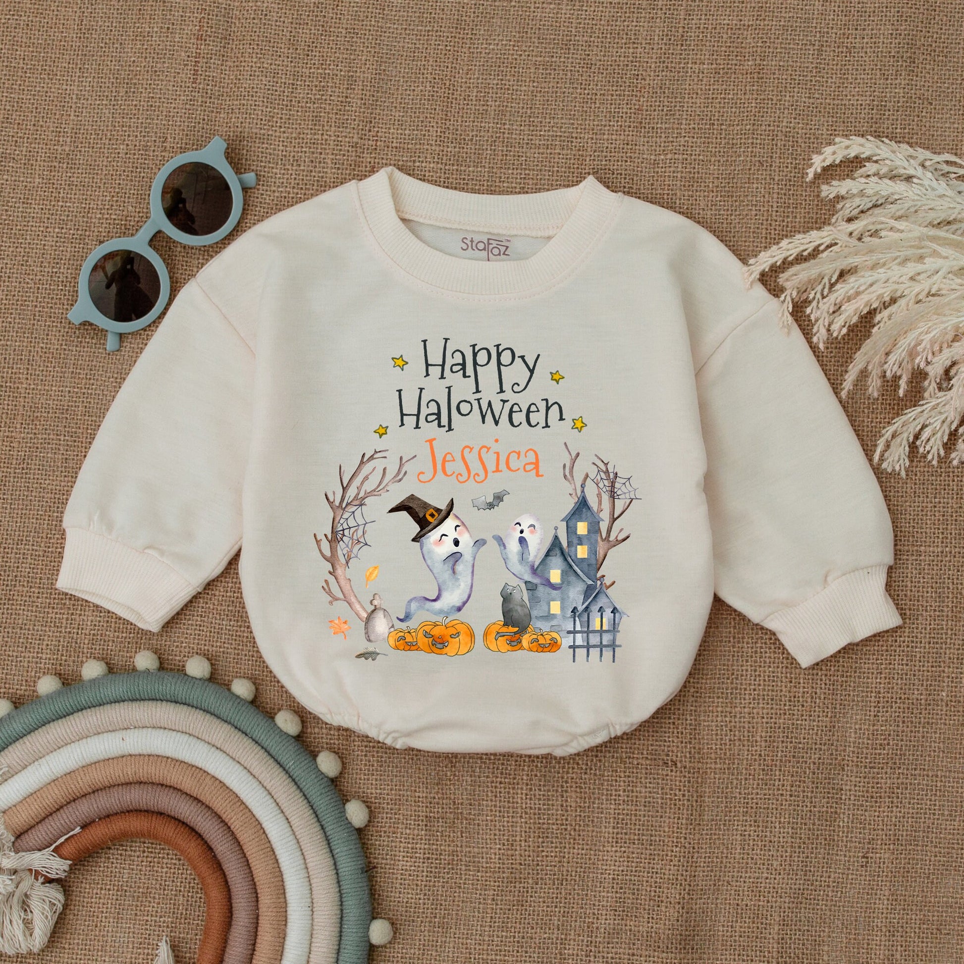 Personalized Happy Halloween Baby Clothes Cute Ghost & Pumpkin Watercolor First Halloween Outfit Bubble Romper Shower Gift