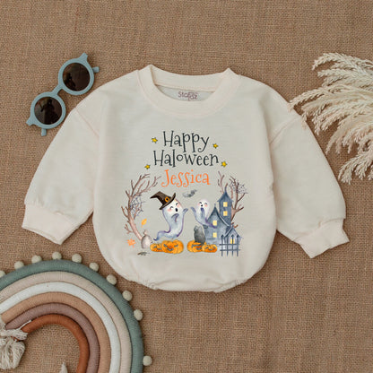 Personalized Happy Halloween Baby Clothes Cute Ghost & Pumpkin Watercolor First Halloween Outfit Bubble Romper Shower Gift