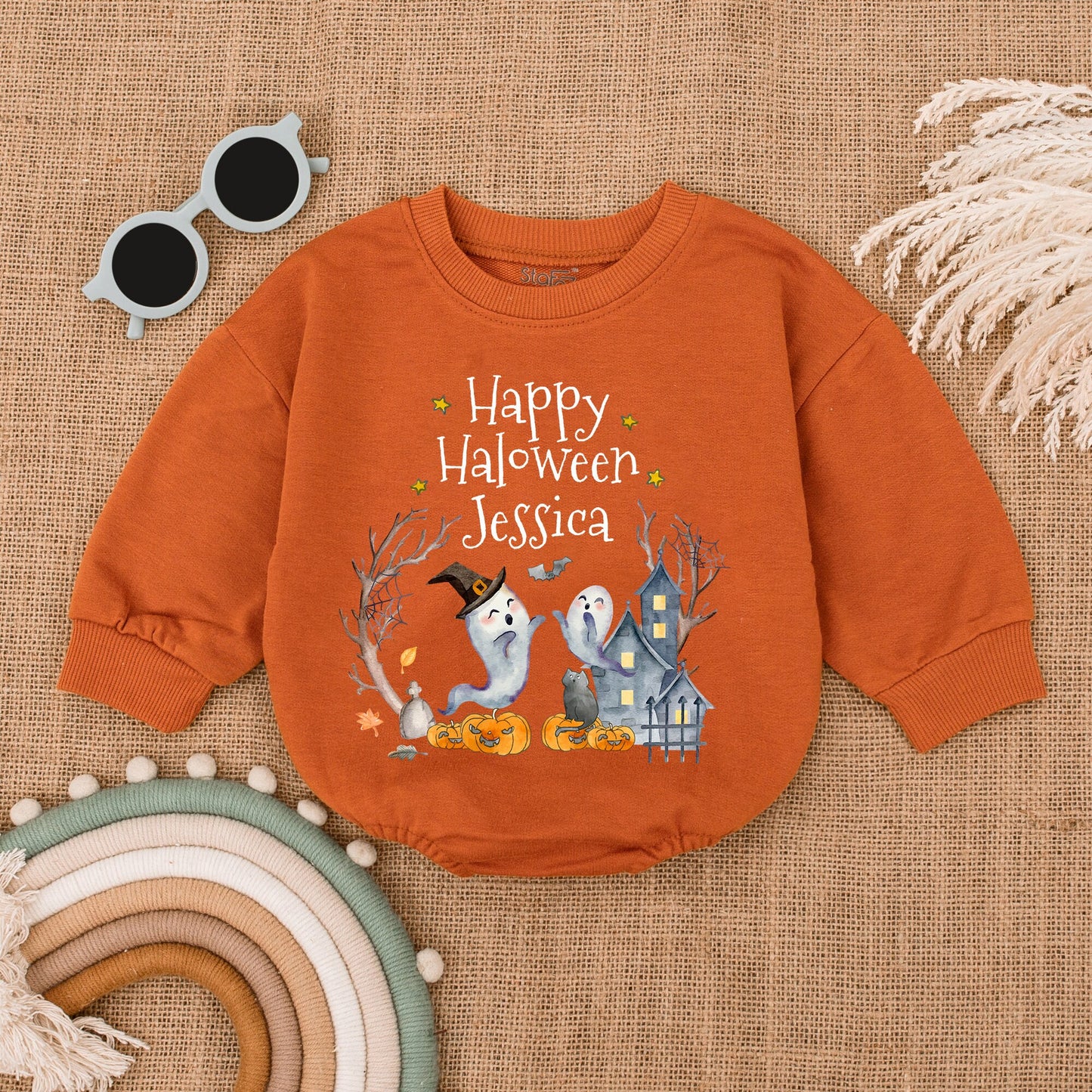 Personalized Happy Halloween Baby Clothes Cute Ghost & Pumpkin Watercolor First Halloween Outfit Bubble Romper Shower Gift