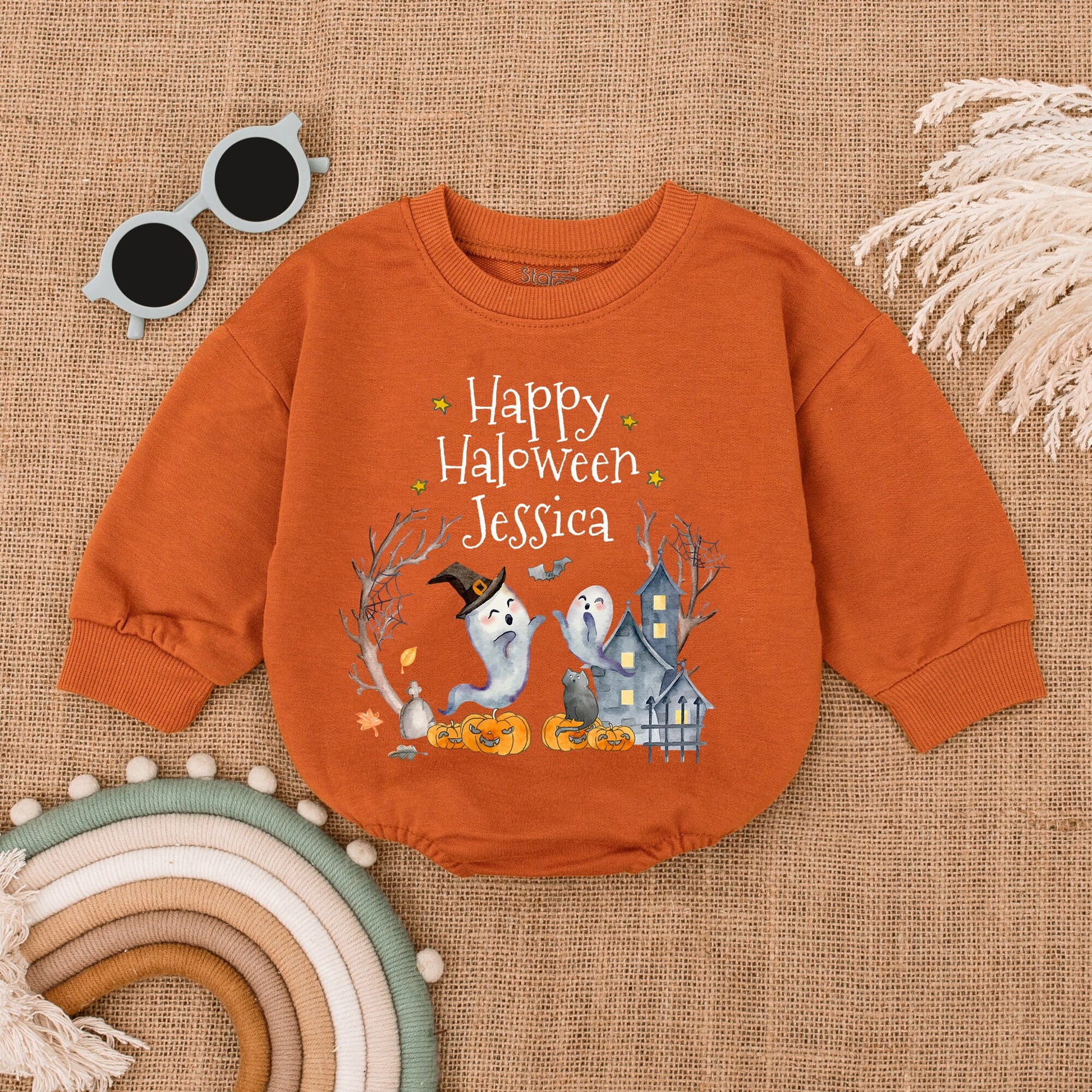 Personalized Happy Halloween Baby Clothes Cute Ghost & Pumpkin Watercolor First Halloween Outfit Bubble Romper Shower Gift