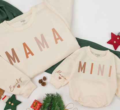 Mama and Mini Matching Fall Sweaters, Custom Name Sleeve, Thanksgiving Outfit, Earth Tone Mom and Baby Set, Personalized Fall Family Gift 139
