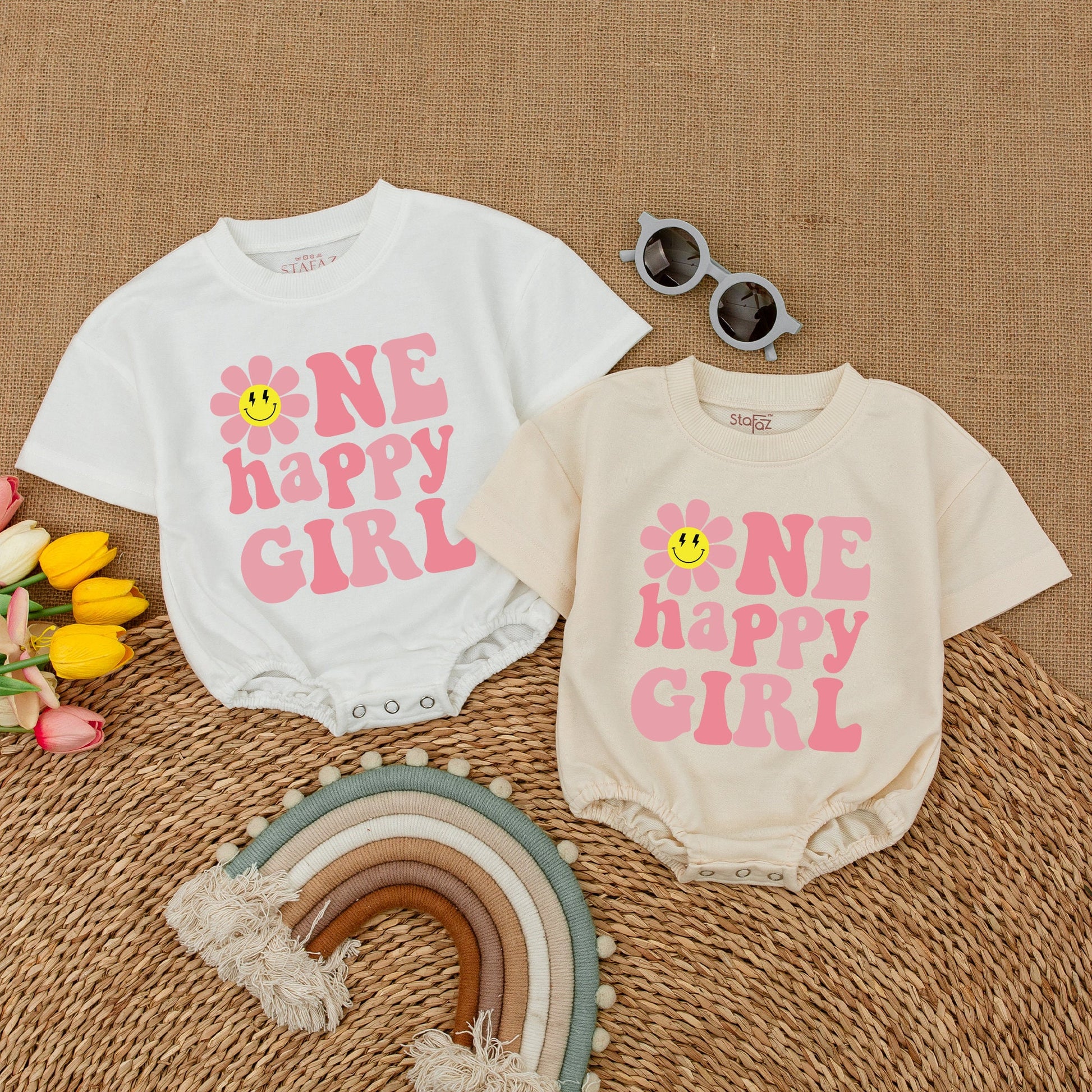 1st Birthday Girl Romper with Smiley Daisy, Baby Shower, Smash Cake