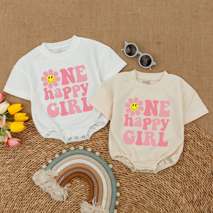 1st Birthday Girl Romper with Smiley Daisy, Baby Shower, Smash Cake