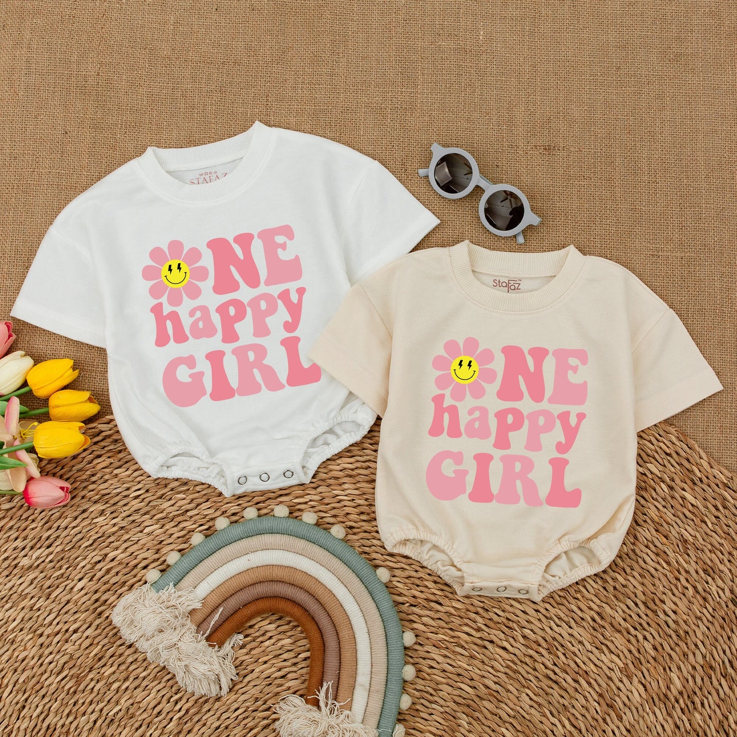 Custom One Happy Girl Romper Smiley Face Daisy Birthday Outfit for Baby Girls Smash Cake Outfit Baby Shower Gift Groovy Retro Style