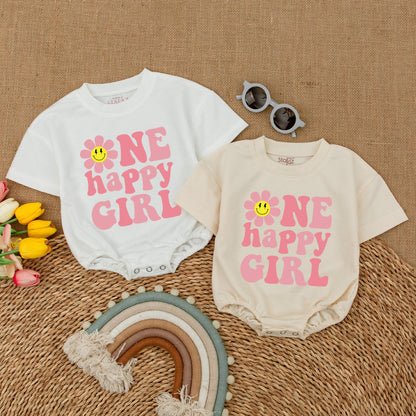 Custom One Happy Girl Romper Smiley Face Daisy Birthday Outfit for Baby Girls Smash Cake Outfit Baby Shower Gift Groovy Retro Style